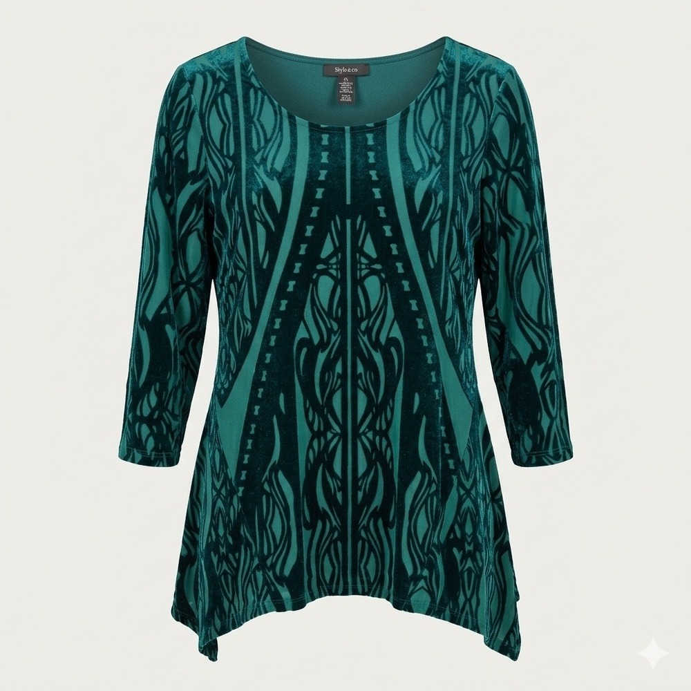 Style Co Green Burnout Velvet Sharkbite Handkerchief Tunic Top Art Deco Petite L